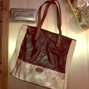Fossil Large Leather Bag Black Tan and Metallic
